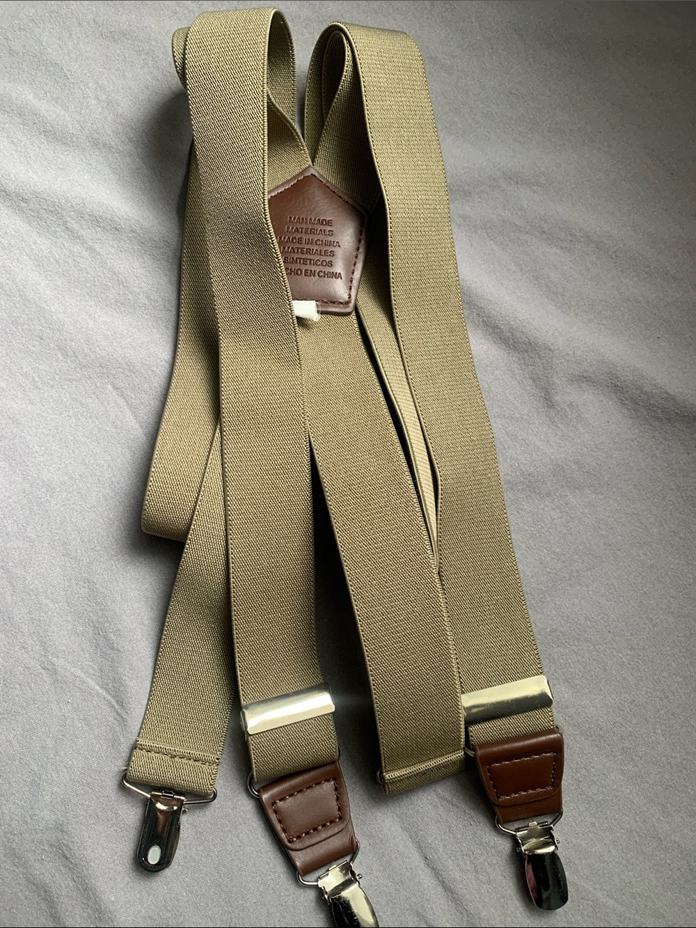 🎯 Men's Olive Green Elastic Suspenders with faux brown Leather Trim